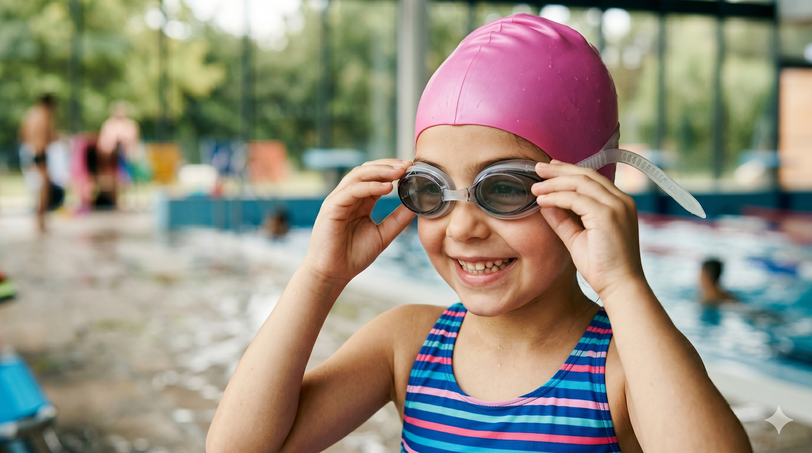 Child wearing swim cap